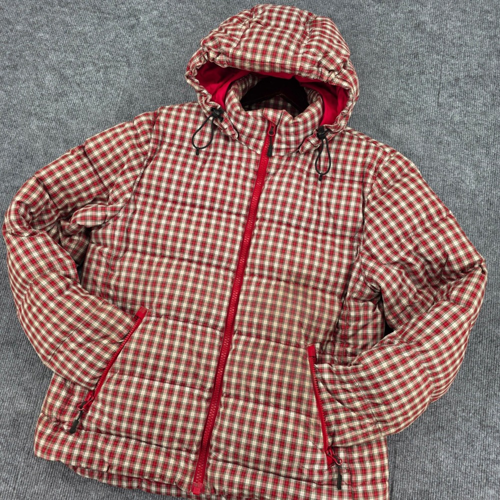 Lands End Kids M 10-12 Red Plaid Goose Down Hooded Puffer Jacket Quilted Coat